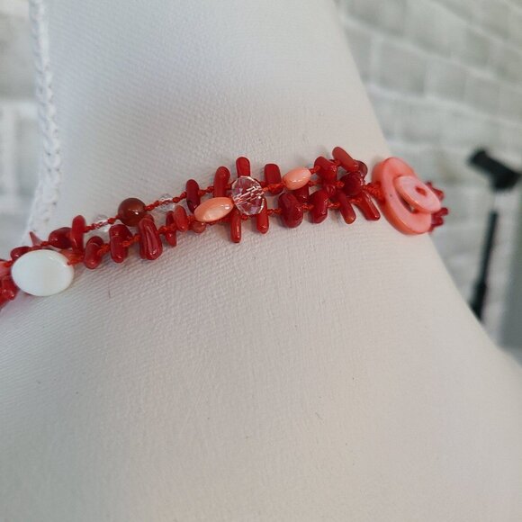 Red Coral Tassel Necklace Shell Glass Beads Hand Knotted - Picture 5 of 8
